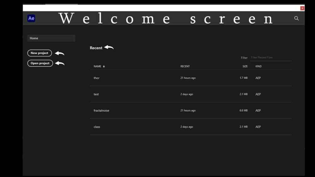 After Effects Welcome screen