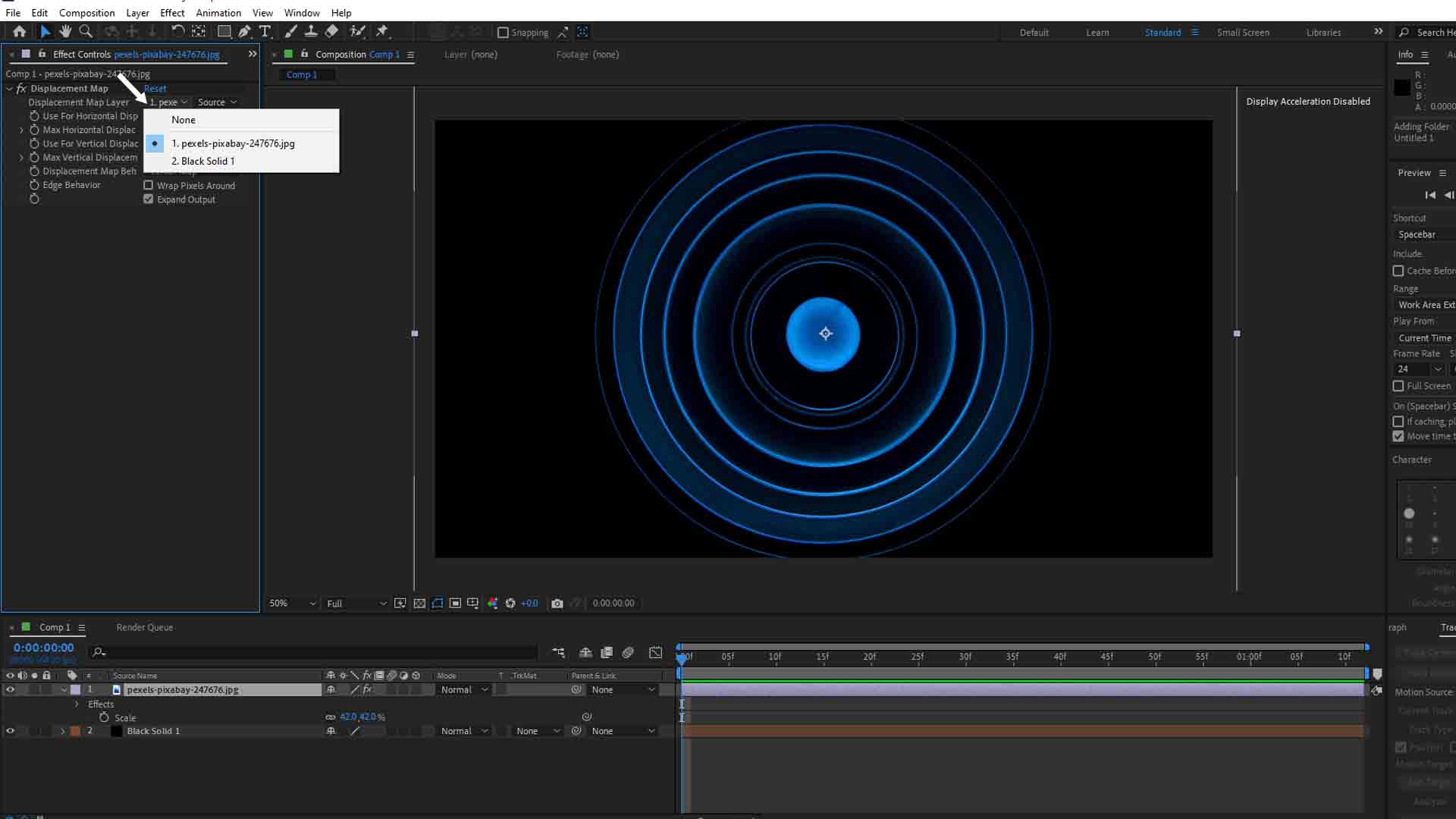 Displacement map properties in Adobe after effects