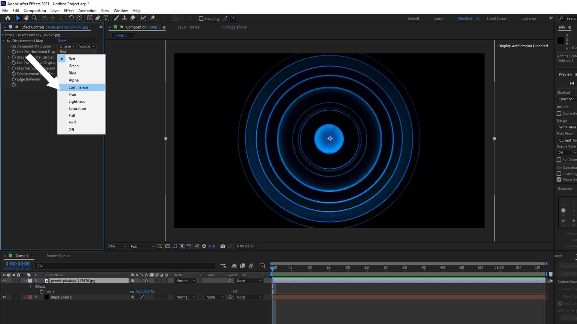 Select the Horizontal Displacement value to Luminance